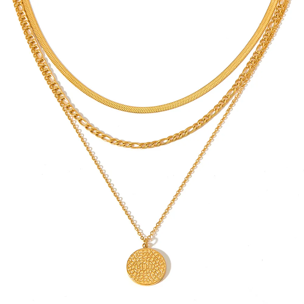 

New Arrival Factory Direct Sale 18K Gold Plated Stainless Steel Three Layers Snake Chain Round Coins Pendant Necklace