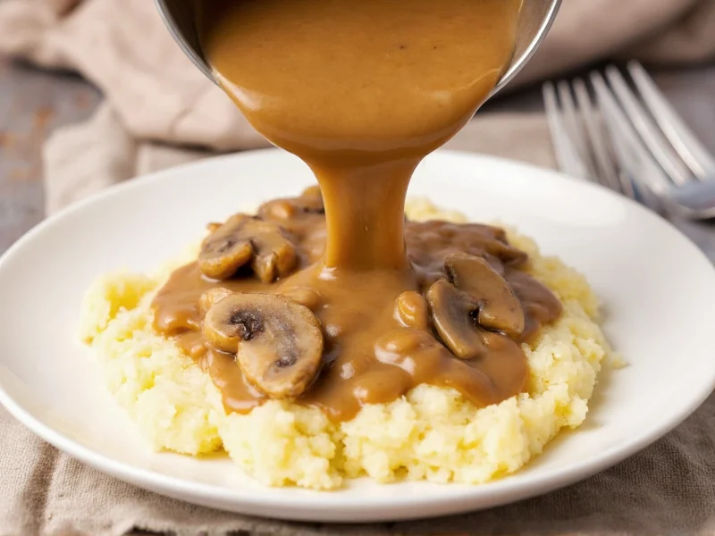 Homemade mushroom gravy poured over mashed potatoes