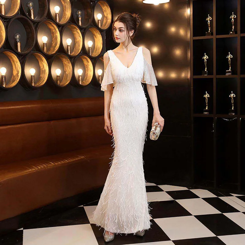 

summer evening dress sequined net yarn v neck formal gowns evening dresses long chain drilling evening dress for wedding