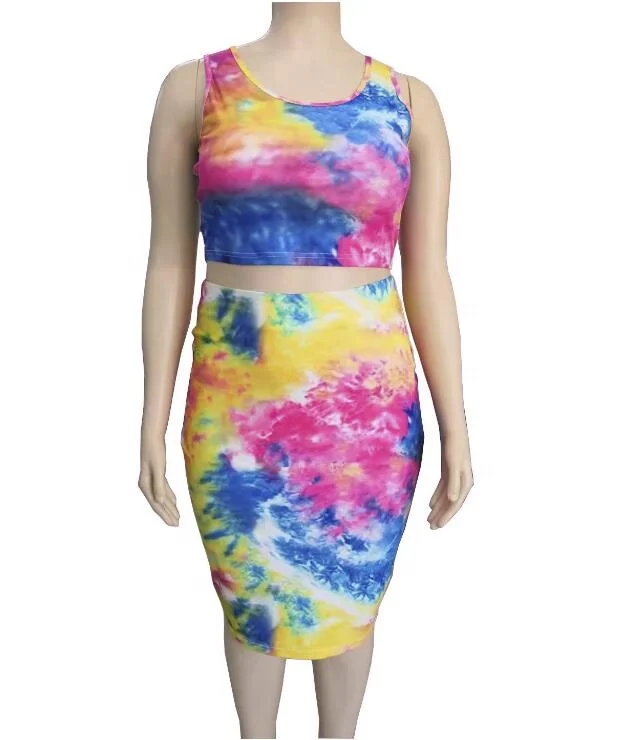 

VOOGUE Women Set O-neck Vest Casual Colourful tie-dye printed Package hip skirt, As pic show