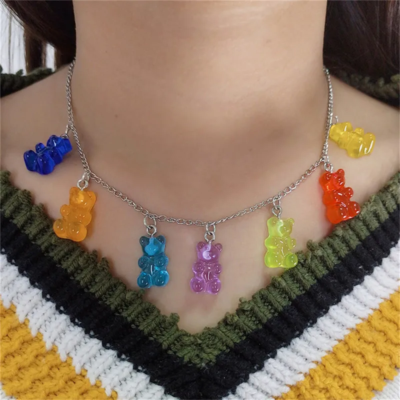 

Ding yi 2021 Sweet girl fashion necklace pendant candy color bear necklace beautiful resin web celebrity ins jewelry female