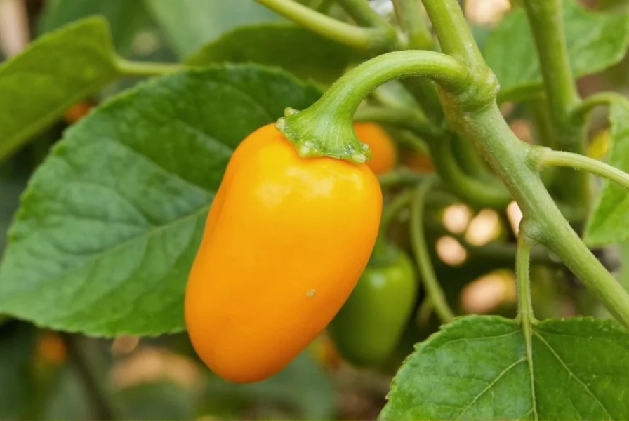 Close-up photograph of fresh datil peppers growing on plant, showing their distinctive lantern shape and vibrant yellow-orange color against green foliage