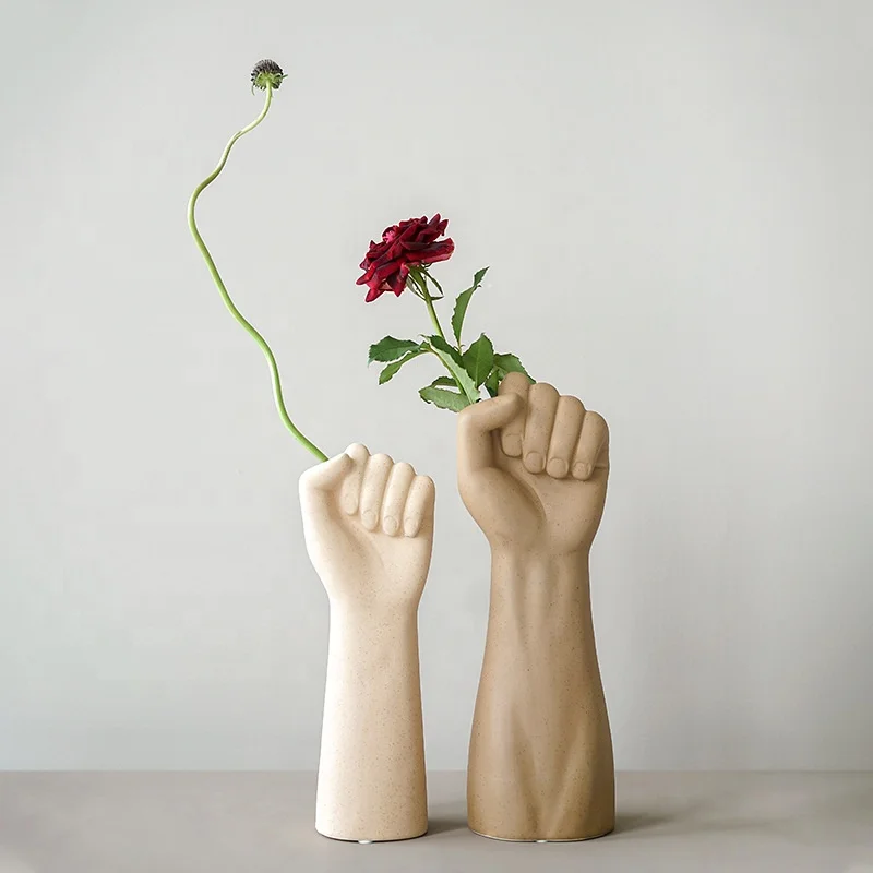 

Ceramic ornaments men hand sculpture vases fist shape vase, Beige/gray