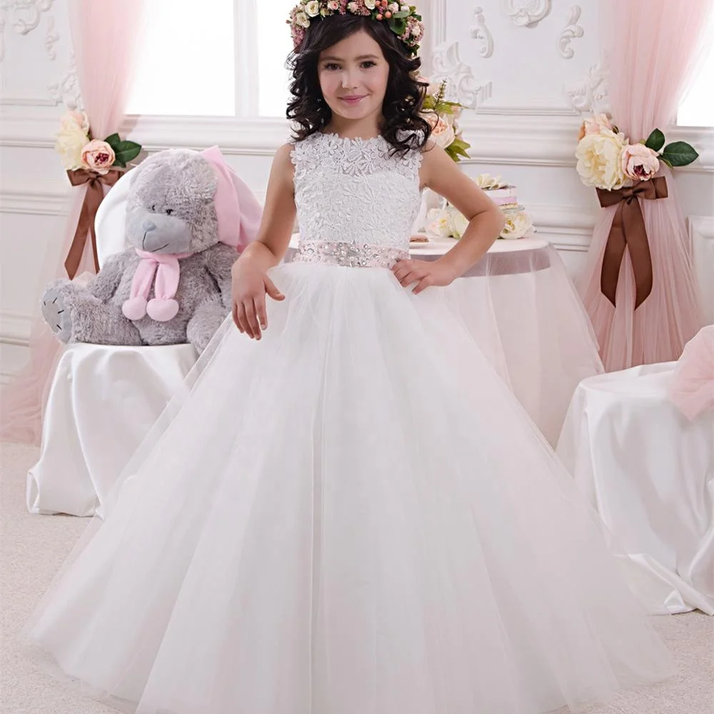 

lace flower girls dresses 2-12 years long ball gown girls dresses, Picture color, white, custom made