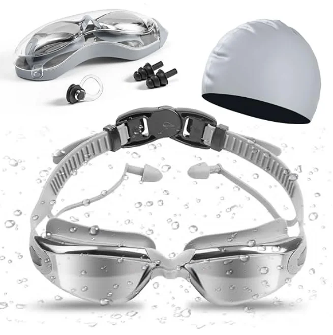 Swimming Goggles Set in Case for Adults UV Protection Lenses Anti-Fog Swim Goggles Waterproof Swim Cap With Nose and Earplug