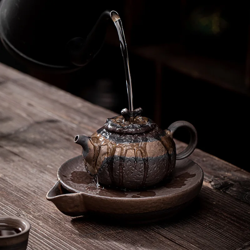 Japanese Retro Ceramic Kung Fu Tea Set Iron Glaze Persimmon Teapot with Domestic Handle Stoneware Single Tea Pot