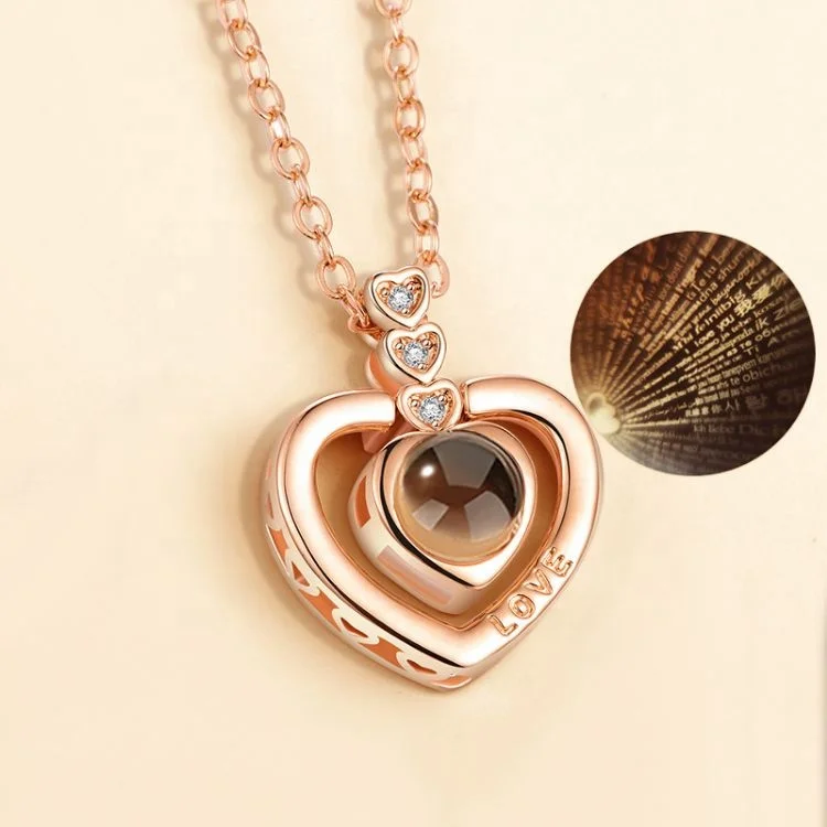 

Valentine's Day I Love You In 100 Languages Rose Gold Plated Heart Memory Projection Pendant Necklace For Women, Rose gold, silver