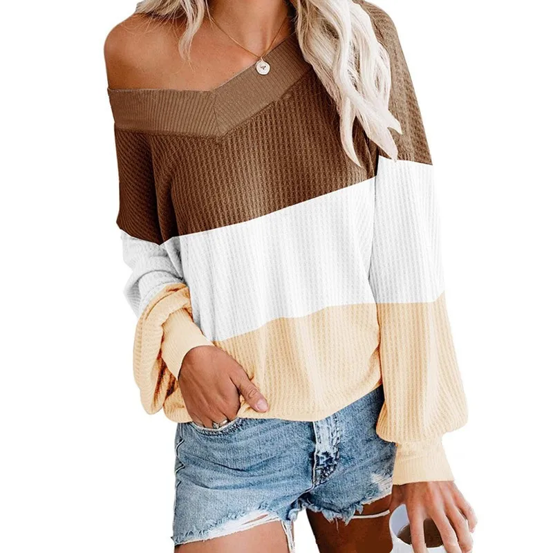 

autumn new fashion clothes v neck off shoulder sexy sweater for women oversize spliced casual t-shirts