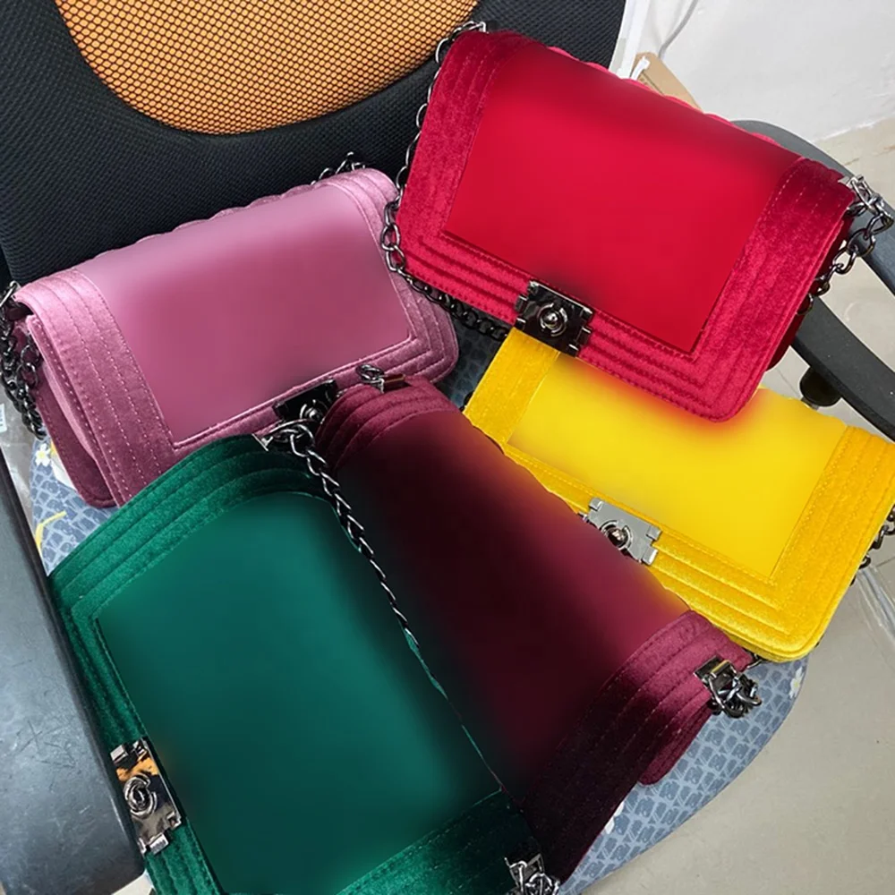 

Luxury Velvet Jelly Purse Chain Tote Bag Handbag For Women Ladies, 5 colors