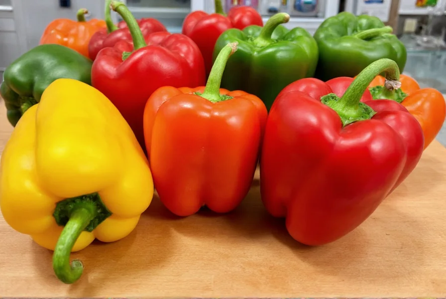 Colorful array of bell peppers in various stages of ripeness on wooden cutting board