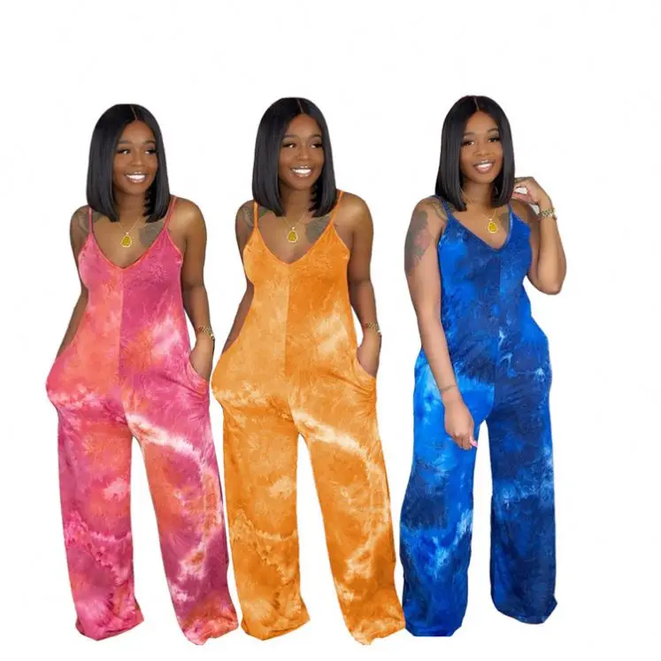 

Trendy Casual Lady One Piece Rompers Sleeveless Tie Dye Summer Women Wide Leg Jumpsuits, Picture