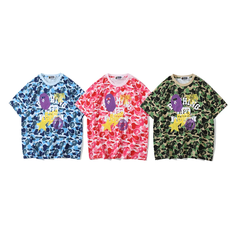 

Fashion Bape head star camouflage shading printed men and women 100% cotton high quality loose hip hop T-shirts wholesale custom
