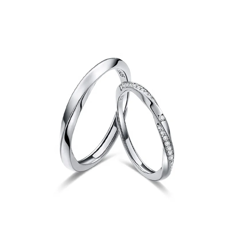 GR92 Eternal Couple Ring Trendy S925 Sterling Silver Water Waves Promise Mobius Ring with Geometric Inlay Zircon Engagement Gift