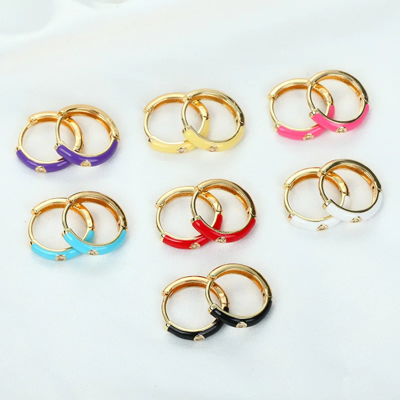 

New Style 18K Gold Plating Solitaire Diamond Oil Dripping Circle Earring Colorful Enamel CZ Hoop Earrings