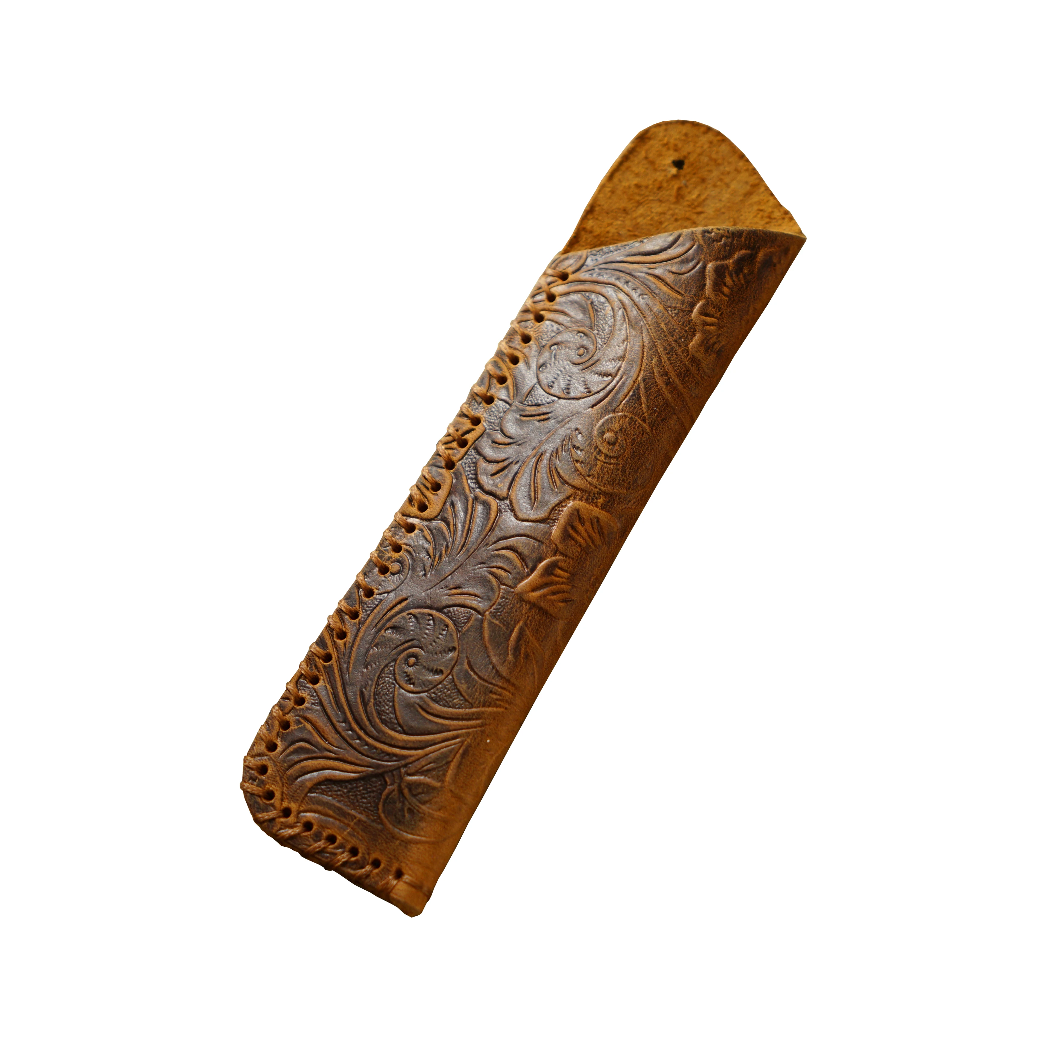 Genuine Leather Pencil Bag With Flower Embossed Leather Boy's and Girl's School Students Pen Holder Simple Retro Pencil Bag