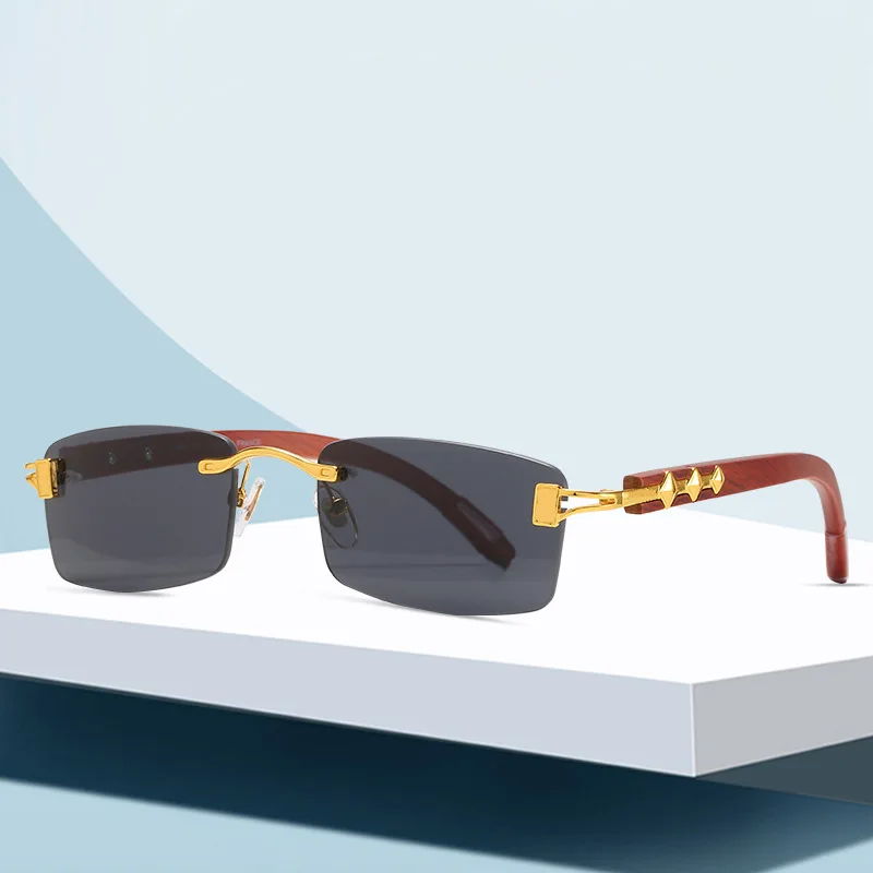 

2022 Brand Design Women Rectangle Sun Glasses Trendy Rimless Wooden Luxury Sunglasses River Men Gafas De Sol Vasos