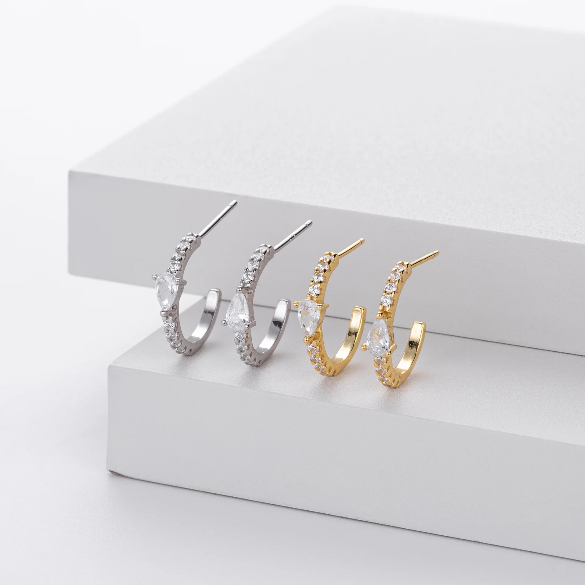 Dropshipping 925 Sterling Silver C-shaped Zircon and Water Drop Shape Zircon Stud Earring Jewelry for Women