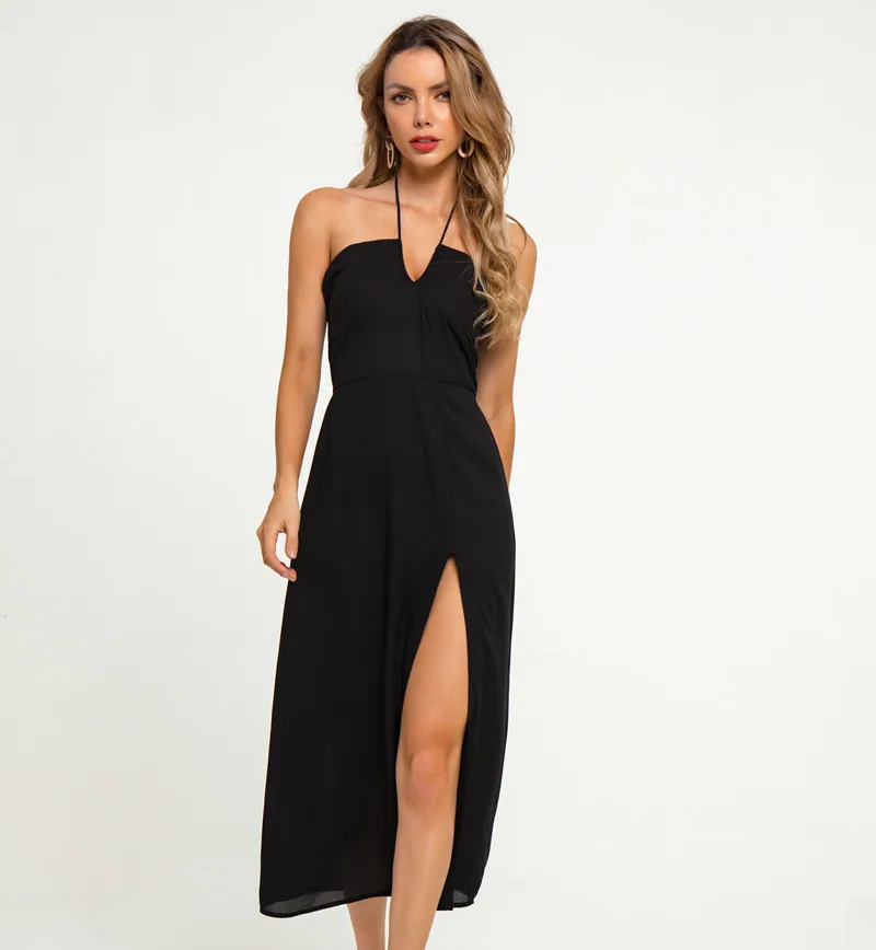 

Fashionable Summer Women Casual Wear Sleeveless Halter Neck Dress High Slit Backless Sexy Maxi Long Dresses