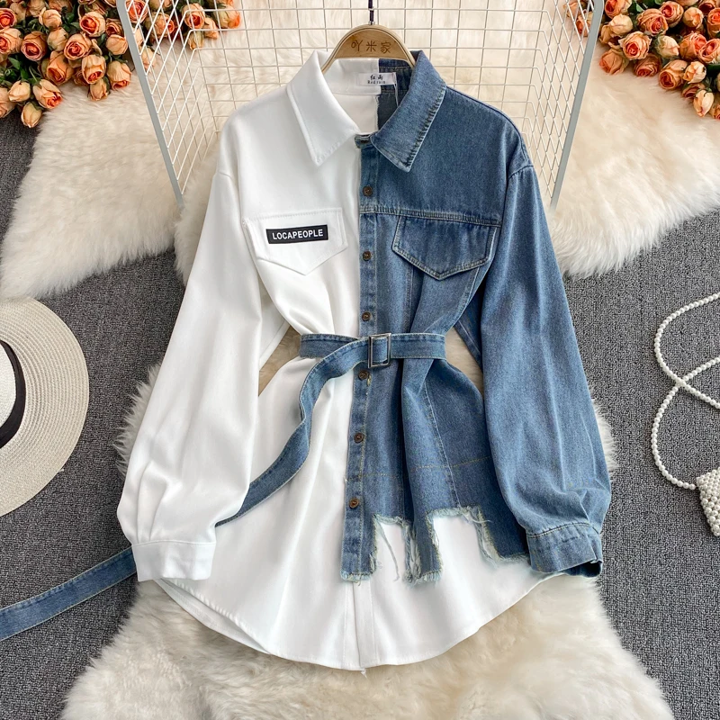 Fall 2023 Women Clothes Denim Stitching Lapel Shirt Dresses Women Casual Clothing  Korean Long Sleeve Irregular Shirt Dress