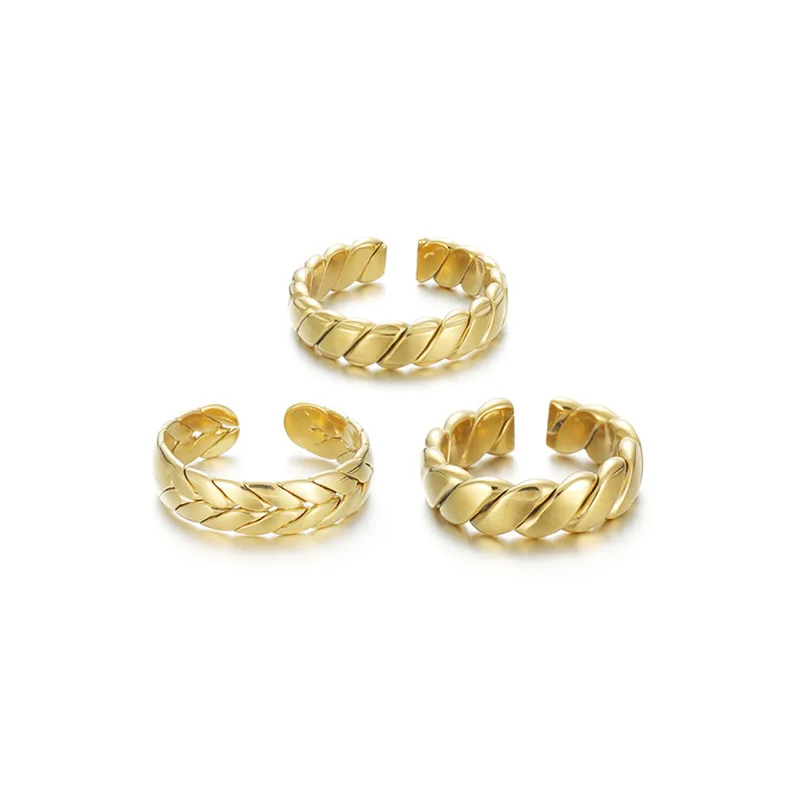 

New Twill Twisted C-shaped Ring 14K Gold Plated Stainless Steel Wheat Ears Texture Open Ring Couple Jewelry Wholesale, Picture shows