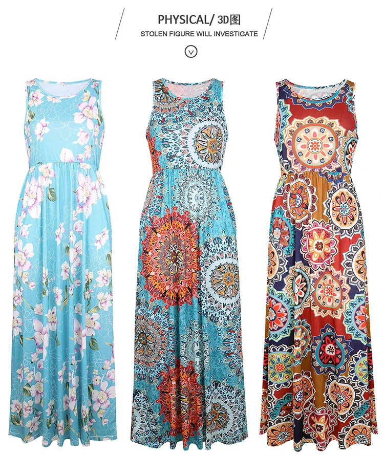 Wholesale Fashion Floral Print Sleeveless Casual Dress Women A Dress