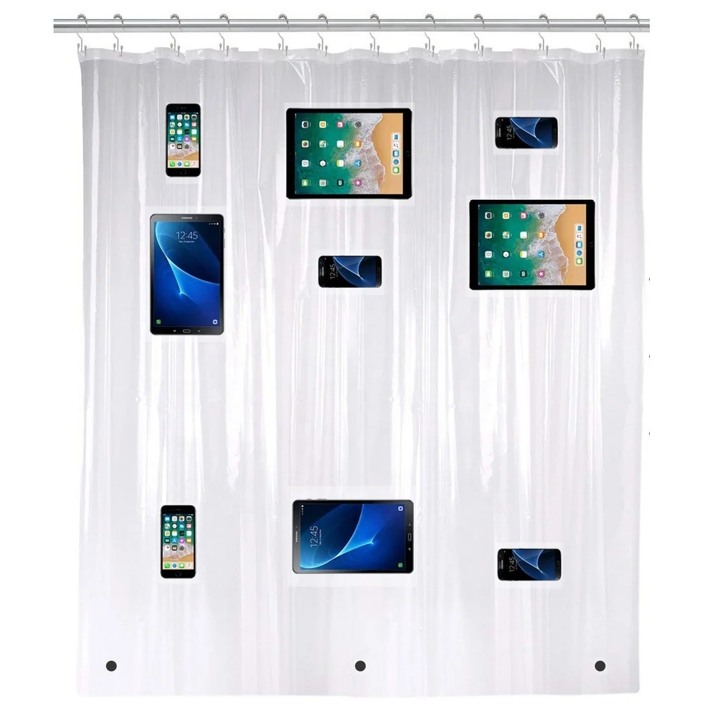 

2018 Amazon 100 Top Seller Products Eco-Friendly EVA Clear Pockets Shower Curtain with iPad iPhone Holder