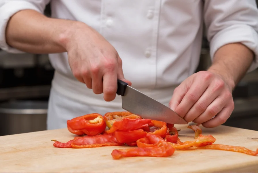 Professional chef demonstrating proper grip on red pepper and chef's knife for safe chopping technique