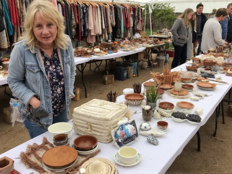 Rural craft fair with handmade pottery and textiles