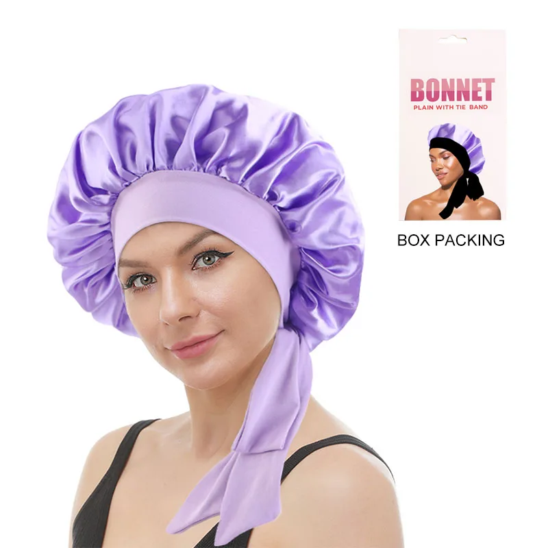 

Customize Package Elastic Ribbon Large Sleep Hat Hair Styling Cap Solid Satin Bonnet With Tie Satin Bonnet Caps Women