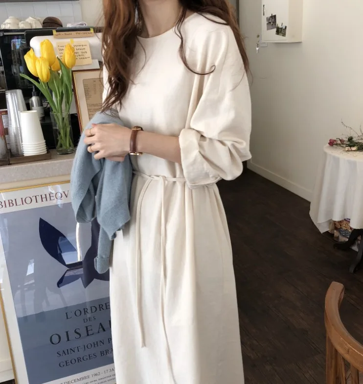 

Fashion Spring And Autumn Korean Style Long Lace-Up Waist Loose Casual Mixi Dress, White