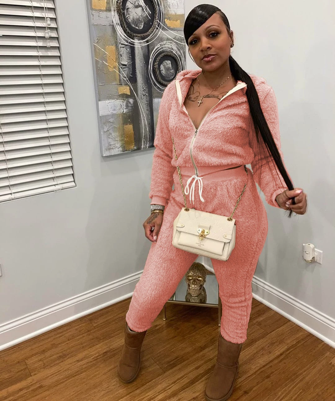 

YD-CQ091 Women winter Casual clothing plush zipper solid plus size two piece set women pants