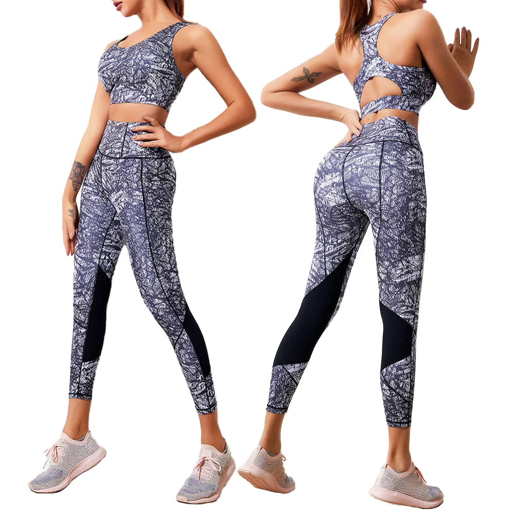 

New 2 Piece 11 StylePrint yoga leggings print set Women Crisscross Back Sportswear Gym Clothing yoga gym leggings 2021, Multi color optional