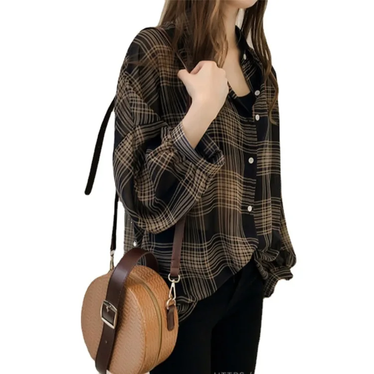 

Women Loose Plaid Print Irregular Hem Long Sleeve Lapel Button Casual Shirt Tops