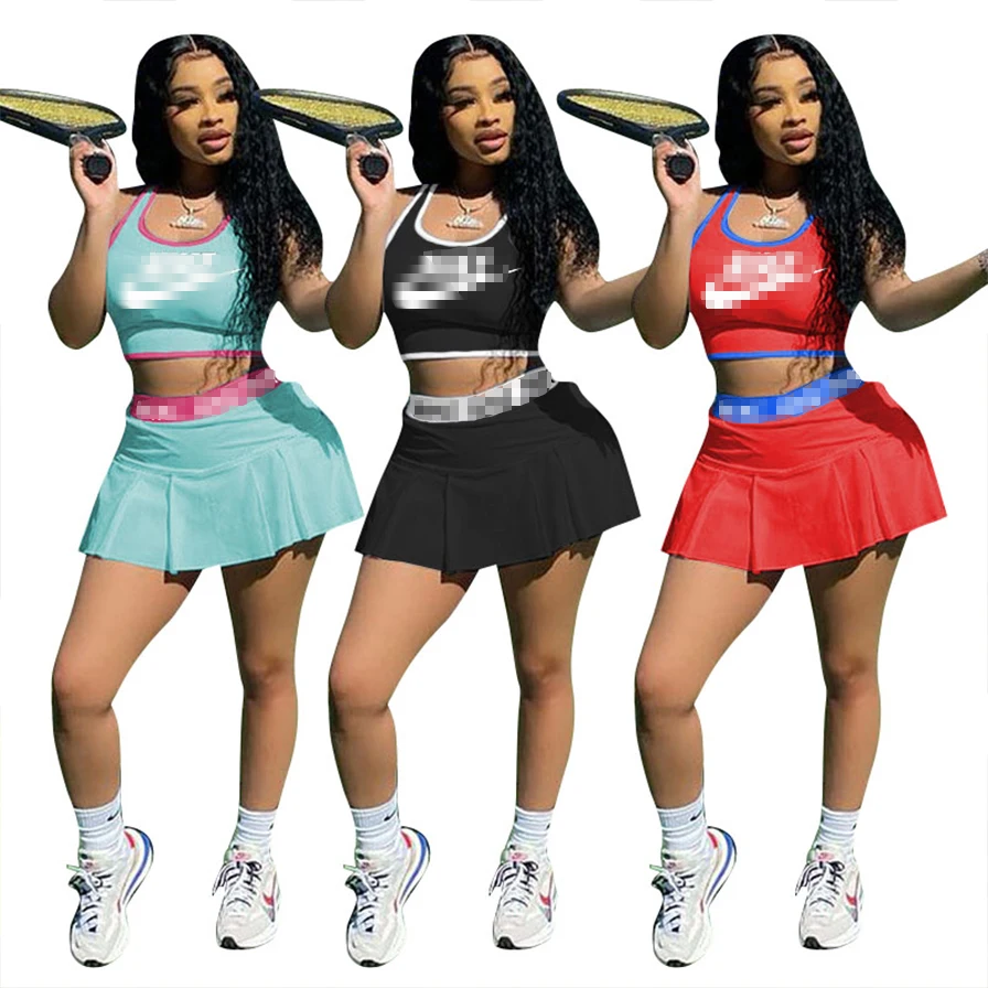 

Wholesale Girl Fashionable vest Summer Two Piece Set Mini Pleated Skirt Tennis Sports Wear 2021 Women Clothing 2 Piece Skirt Set
