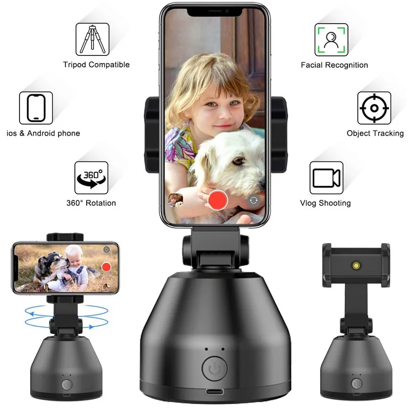 

360 Degree Rotation Smartphone Holder Auto Selfie Face Tracking Smart Cell Phone Holders, Black/white