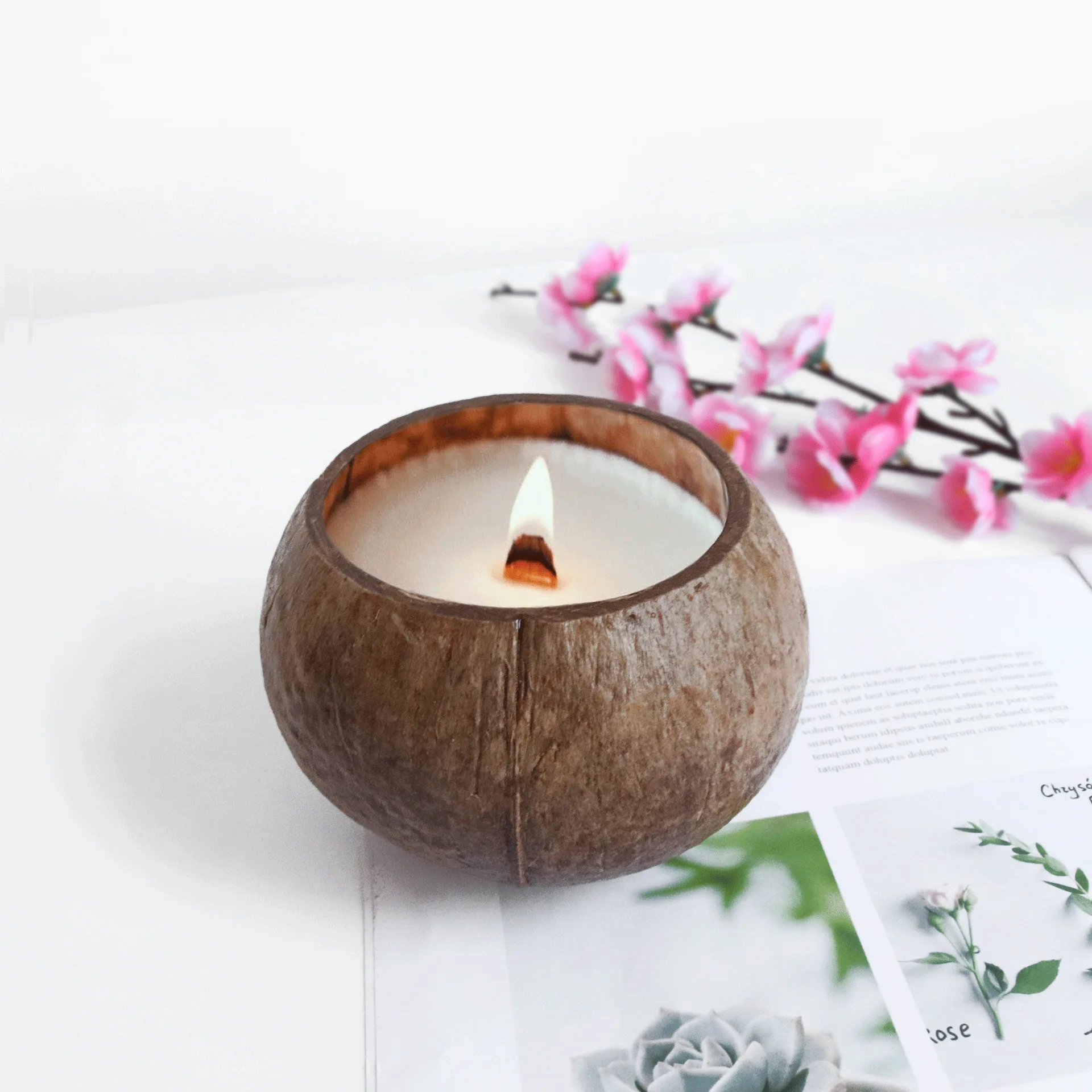 

Eco Friendly Natural Organic Coconut Shell Scented Soy Wax Candle Bowl Holder Wooden Wick