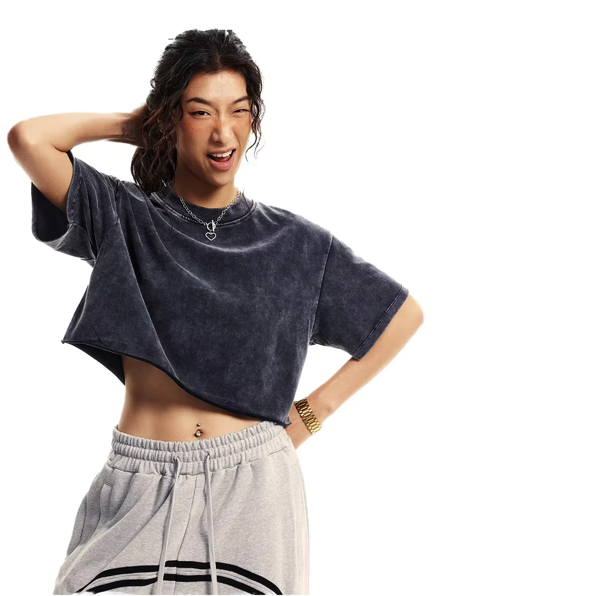 250g Women's 100% Cotton Short-Sleeved T-Shirt Anti-Pilling Washed Navel-Baring Casual Solid Pattern Crop Top Tshirt for Summer