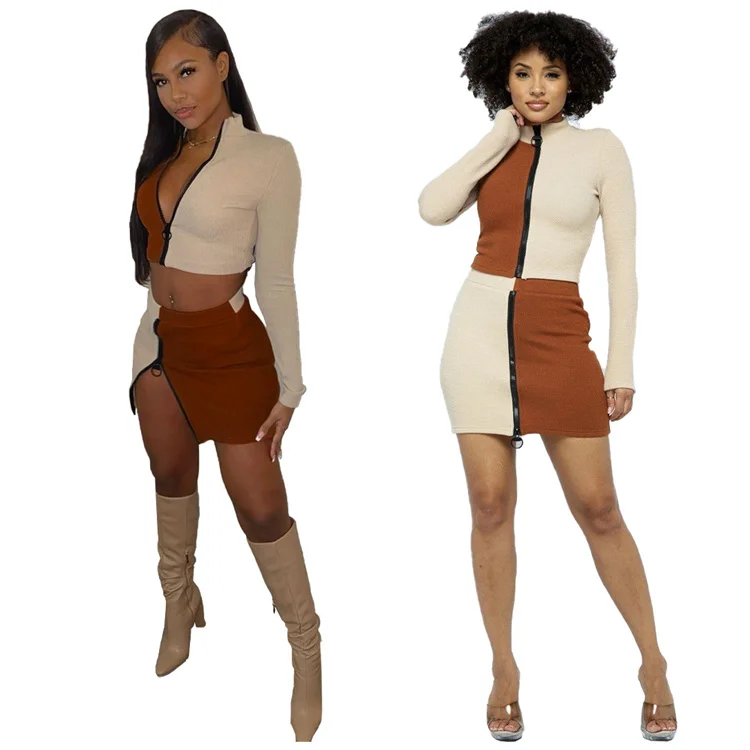 

Fashion Long Sleeve Crop Jacket And Short Skirt Matching Sexy Club Spring Women 2 Piece Set, Picture shown