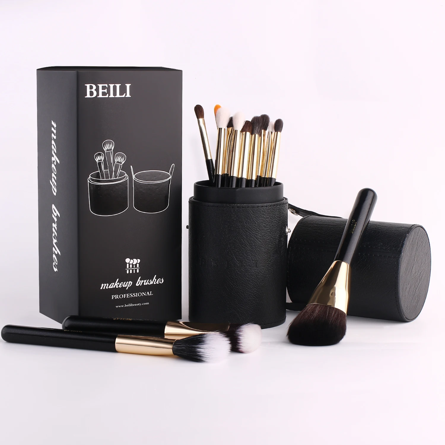 

BEILI hot selling black makeup brushes set 15pcs powder contour eye shadow brushes gold private label pu bucket packing