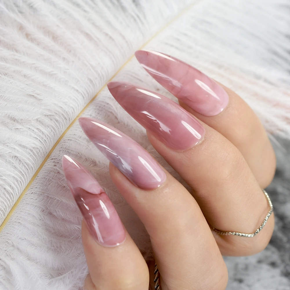 

Extra Long STILETTO False Pre-designed Curved Pink Marble Press On Nails including glue sticker