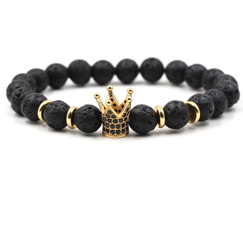 

Amazon Best Selling Men's Natural Black Volcanic Lava Stone Beaded Crown Charm Bracelet For Men, Picture