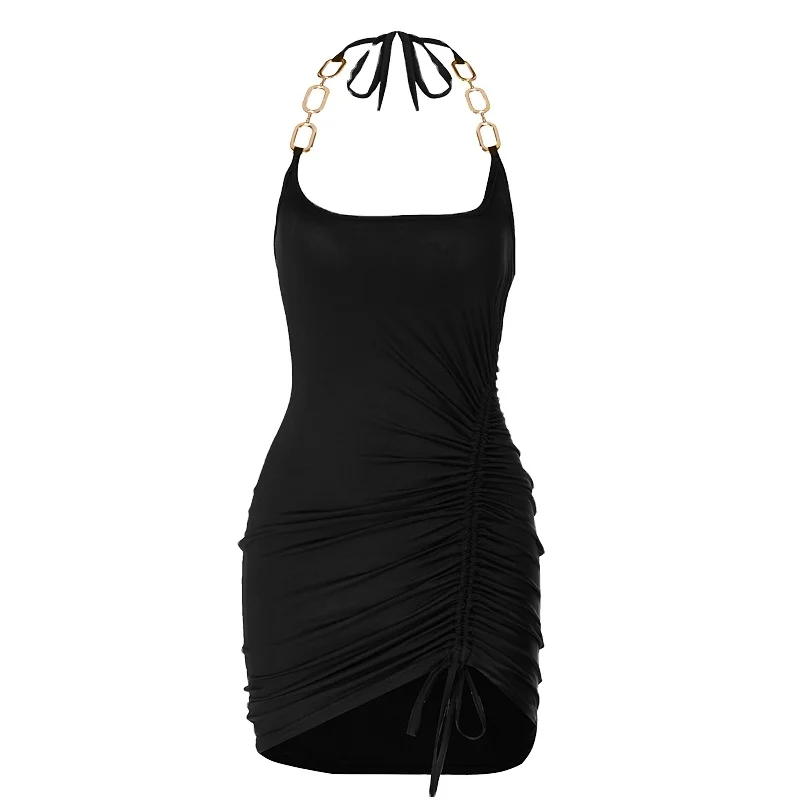

2021 Summer New Product Hanging Ring Drawstring Halter Neck Dress, Customized color