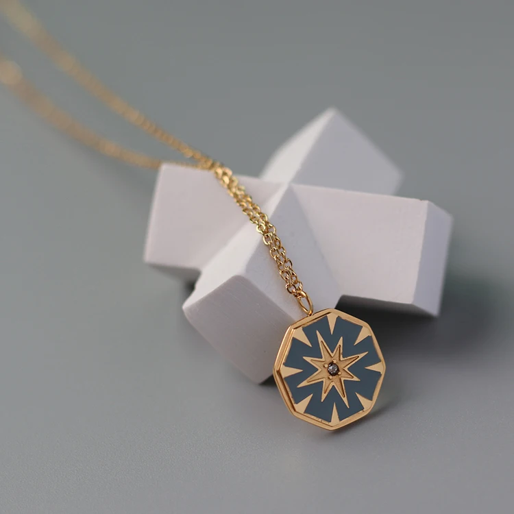 

New arrival Haze light blue hand craft Enamel geometric pendant daisies Star necklace stainless steel plated 18K collier femme, Optional as picture,or customized