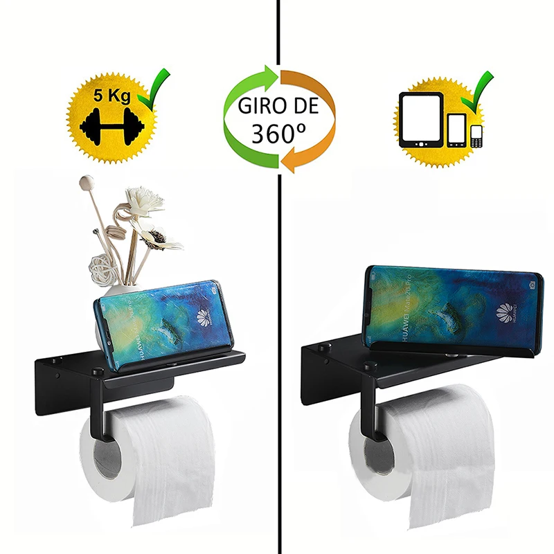 360 Degree Rotatable Self Adhesive Toilet Paper Holder With Phone Shelf