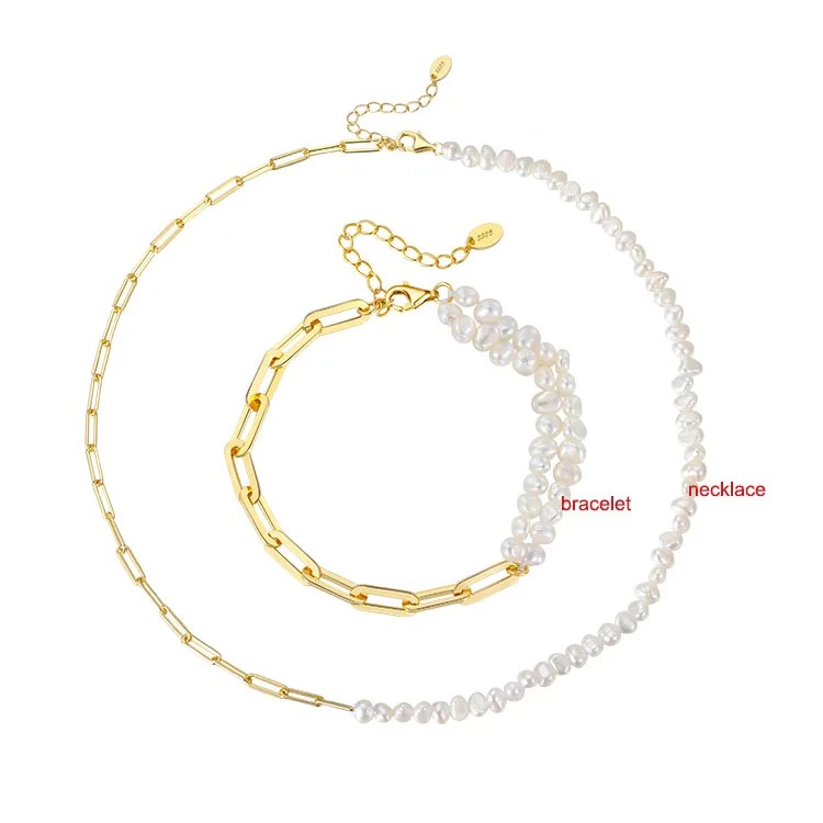 

GPS2 Natural Baroque Freshwater Pearls Paperclip Chain Bracelet Necklace Set 925 Sterling Silver 14K Gold Plated Jewelry Set
