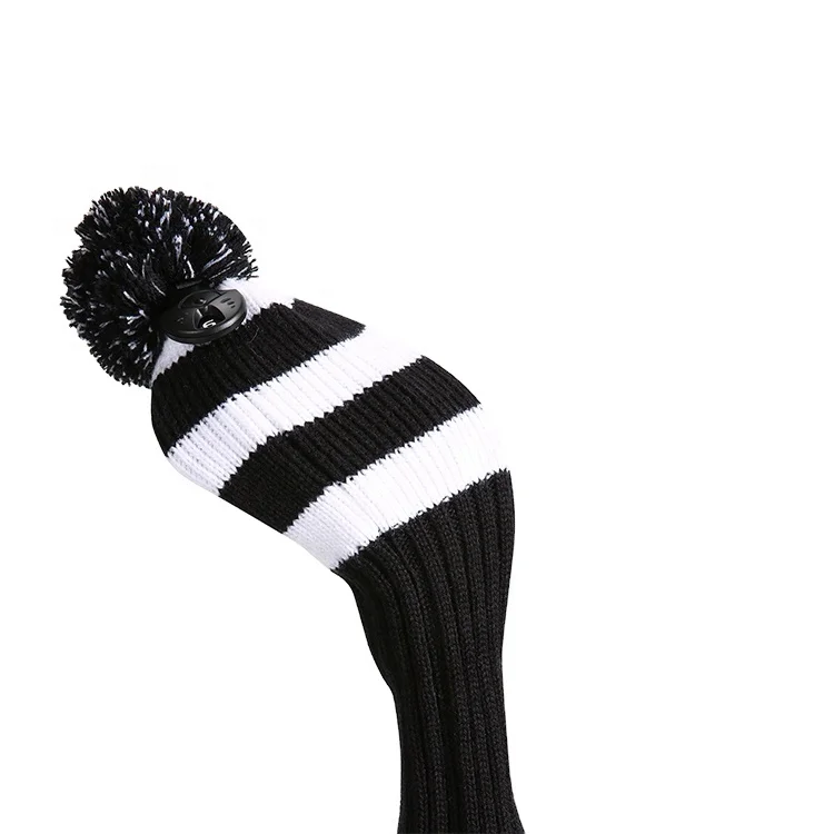 

Popular knitted Wool pompom driver wood fairway golf headcover, Black and white stripes/red and white stripes