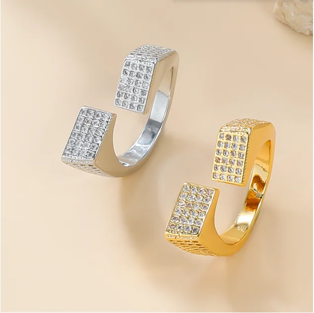 

Luxury cubic Copper bling Zircon Rings For Women adjustable geometry square open Couple Finger gold Ring Wedding Jewelry