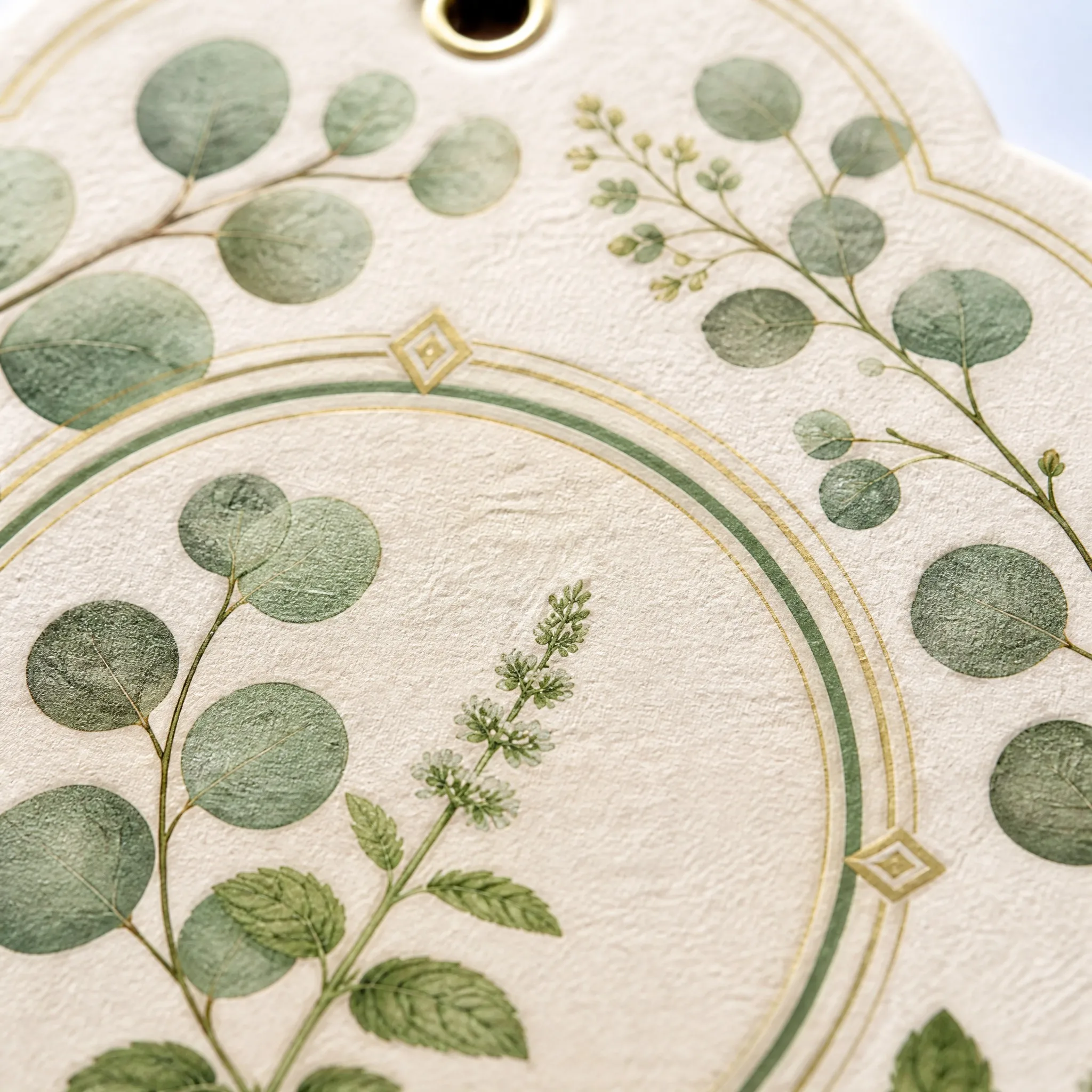 4K Macro Close-up of Botanical Herbal Paper Air Freshener Texture and Gold Ink Line