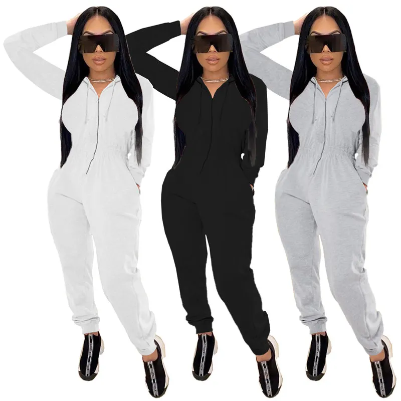 

Solid color waist hooded pocket zipper long sleeved trousers sports jumpsuit for women