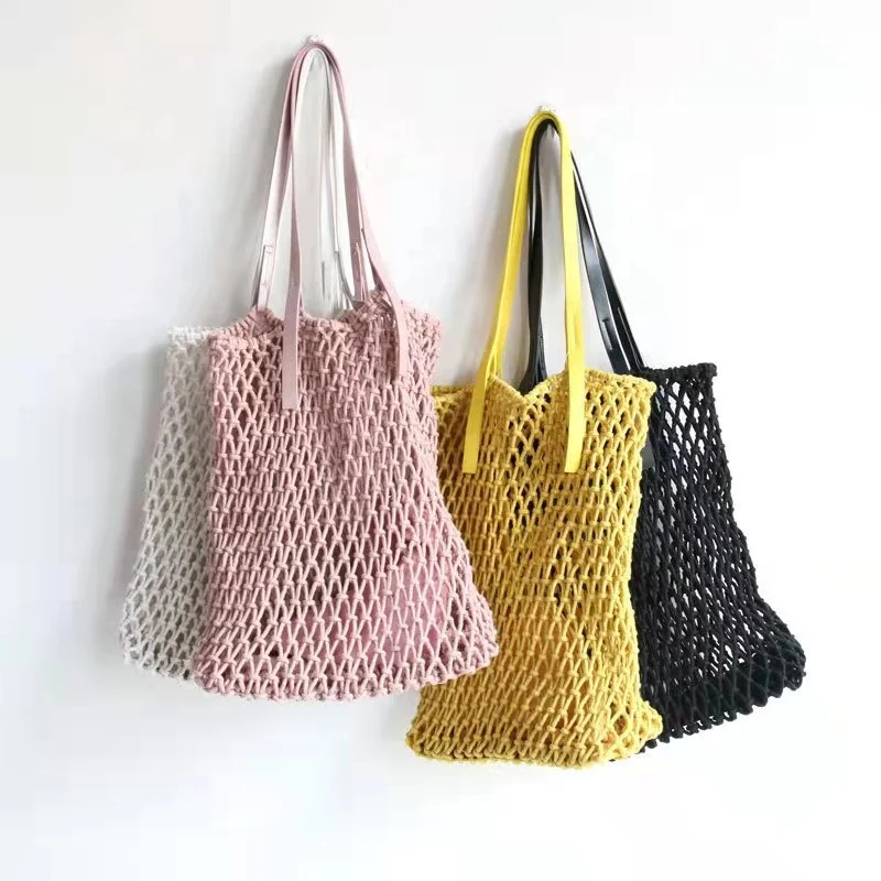 

Wholesale fashion lady hollow out large custom tote bag beach cotton weaving handbags, Customizable